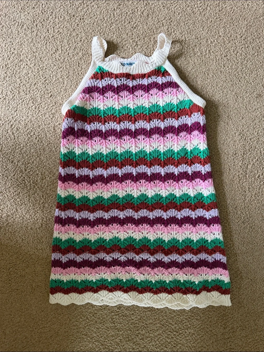 Old Navy Girls White-Trim Crochet SunDress with Pink, Green & Wine Stripes